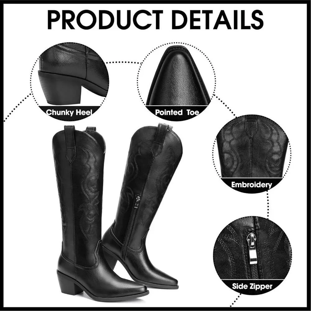 Women's Black 1 Knee High Wide Calf Western Glitter Sparkly Ladies Tall Boots